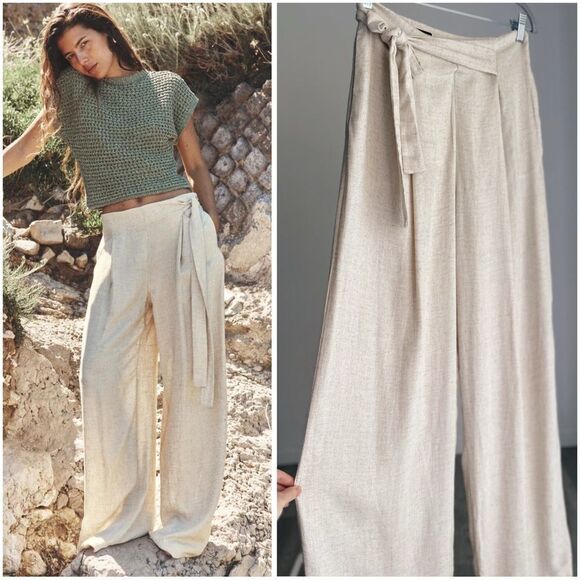 Zara Wide Leg Linen Blend Pants Sand New - Picture 1 of 13